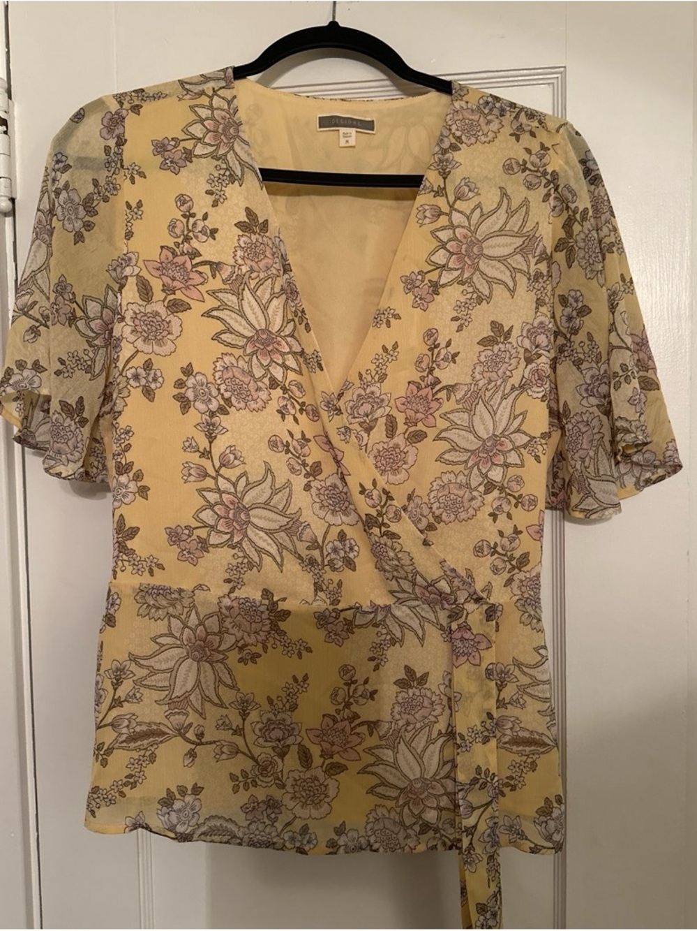 Pleione Yellow Floral Wrap Blouse with Pink Accents